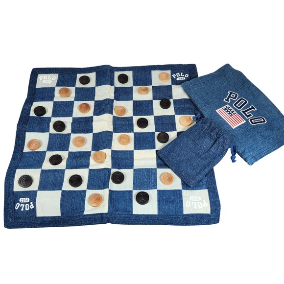 RARE New Polo Ralph Lauren Home Denim Travel Checkers Game Set w/ Carry Bag 1967 - Picture 2 of 9
